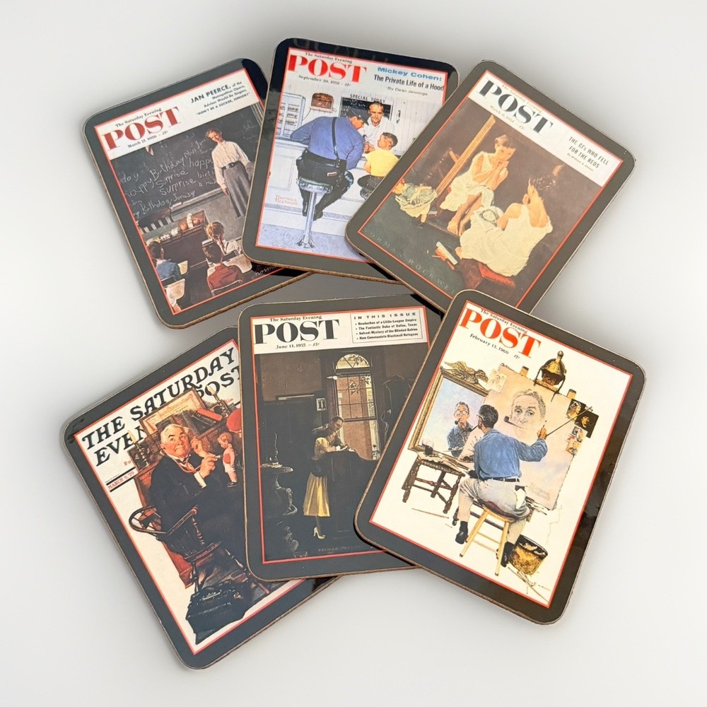 Set of 6 New Norman Rockwell Coasters Cork Saturday Evening Post Americana Art
